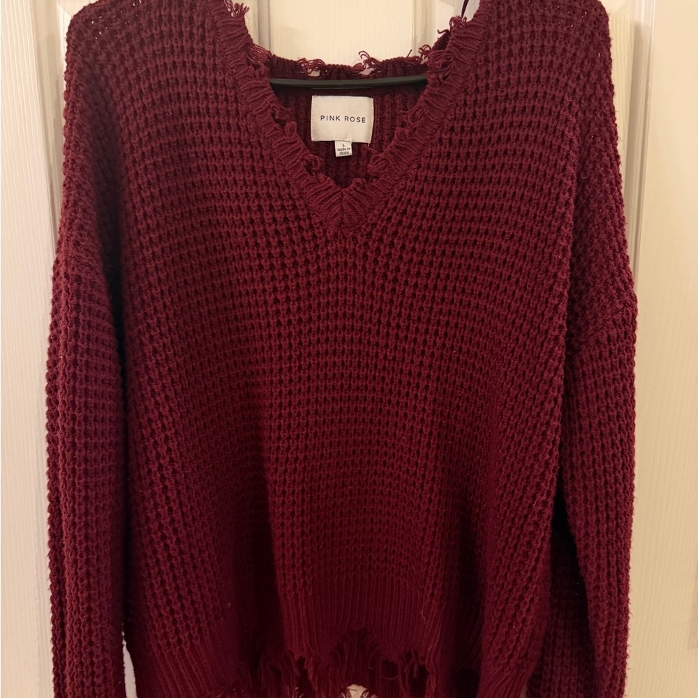 Pink Rose Distressed Waffle-Knit V-Neck Sweater in Deep Wine